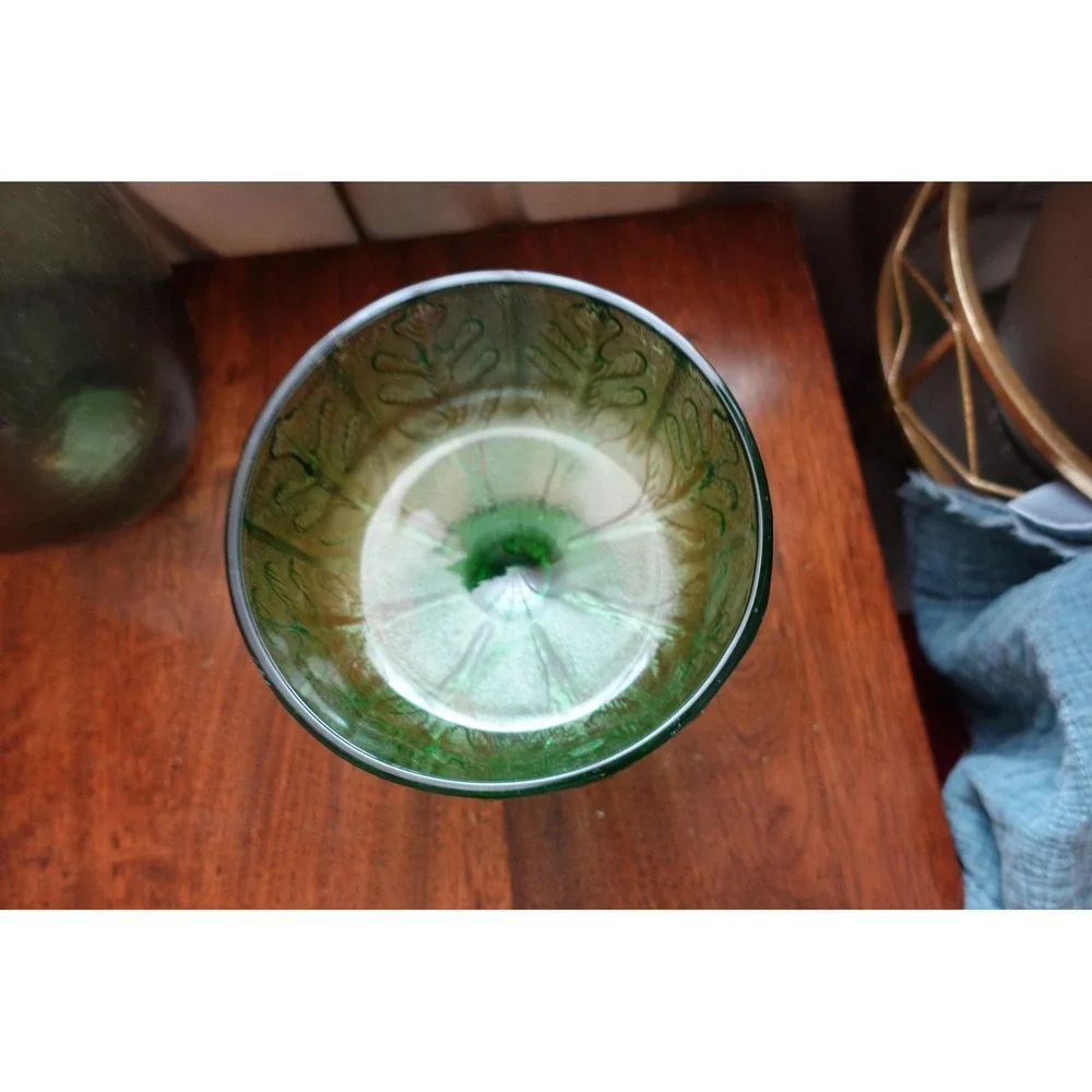 Vintage F.T.D‎ 1975 green oak leaf art glass pedestal bowl/compote